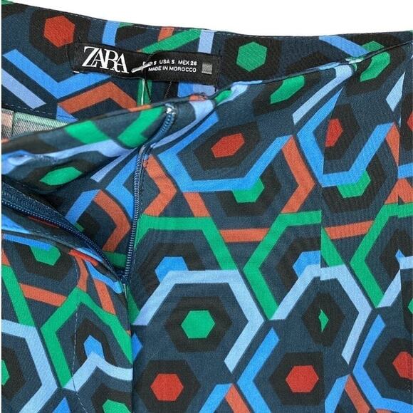 Zara Geometric Printed Blue Retro Multicolor Flare Pants Trousers High Waisted - Picture 3 of 5